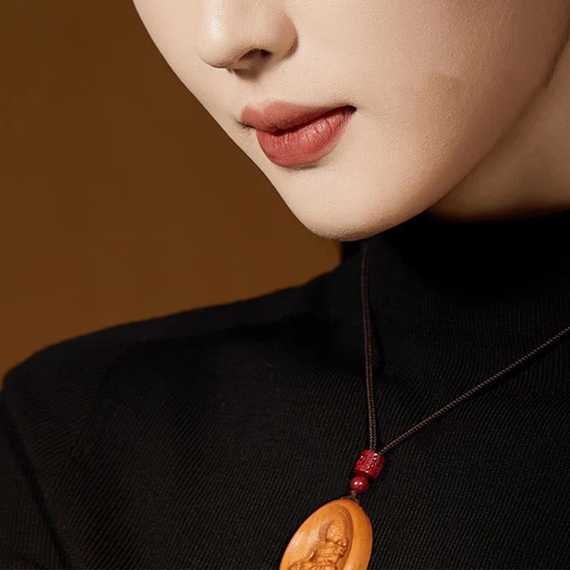 Fortune Jewel Peach Wood Cinnabar Om Mani Padme Hum Chinese Zodiac Black String Necklace Pendants