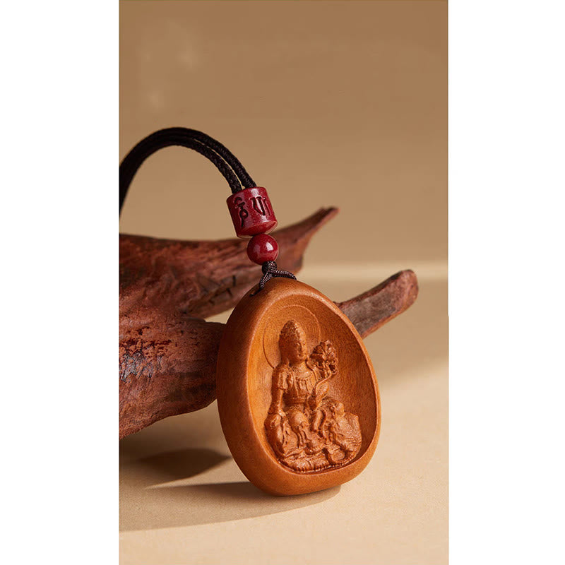 Fortune Jewel Peach Wood Cinnabar Om Mani Padme Hum Chinese Zodiac Black String Necklace Pendants