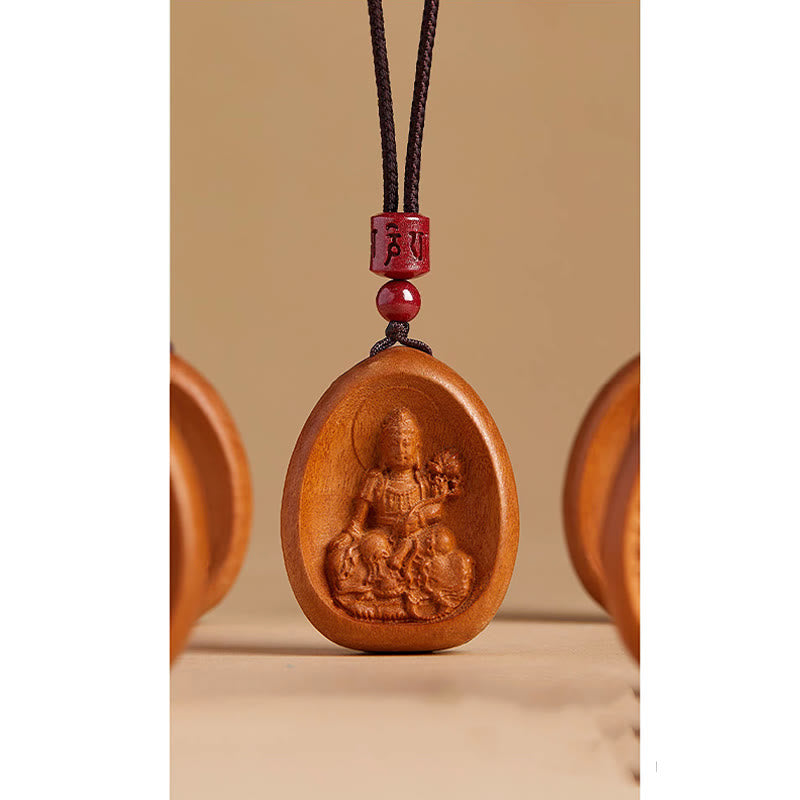 Fortune Jewel Peach Wood Cinnabar Om Mani Padme Hum Chinese Zodiac Black String Necklace Pendants