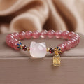 Fortune Jewel Strawberry Quartz White Jade Cat Fu Character Healing Bracelet