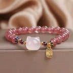 Fortune Jewel Strawberry Quartz White Jade Cat Fu Character Healing Bracelet