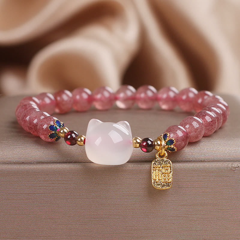 Fortune Jewel Strawberry Quartz White Jade Cat Fu Character Healing Bracelet