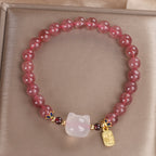 Fortune Jewel Strawberry Quartz White Jade Cat Fu Character Healing Bracelet