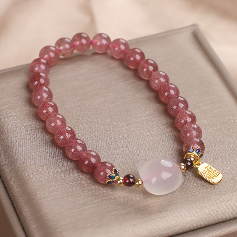 Fortune Jewel Strawberry Quartz White Jade Cat Fu Character Healing Bracelet