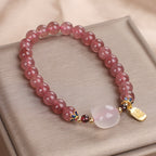 Fortune Jewel Strawberry Quartz White Jade Cat Fu Character Healing Bracelet
