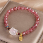 Fortune Jewel Strawberry Quartz White Jade Cat Fu Character Healing Bracelet
