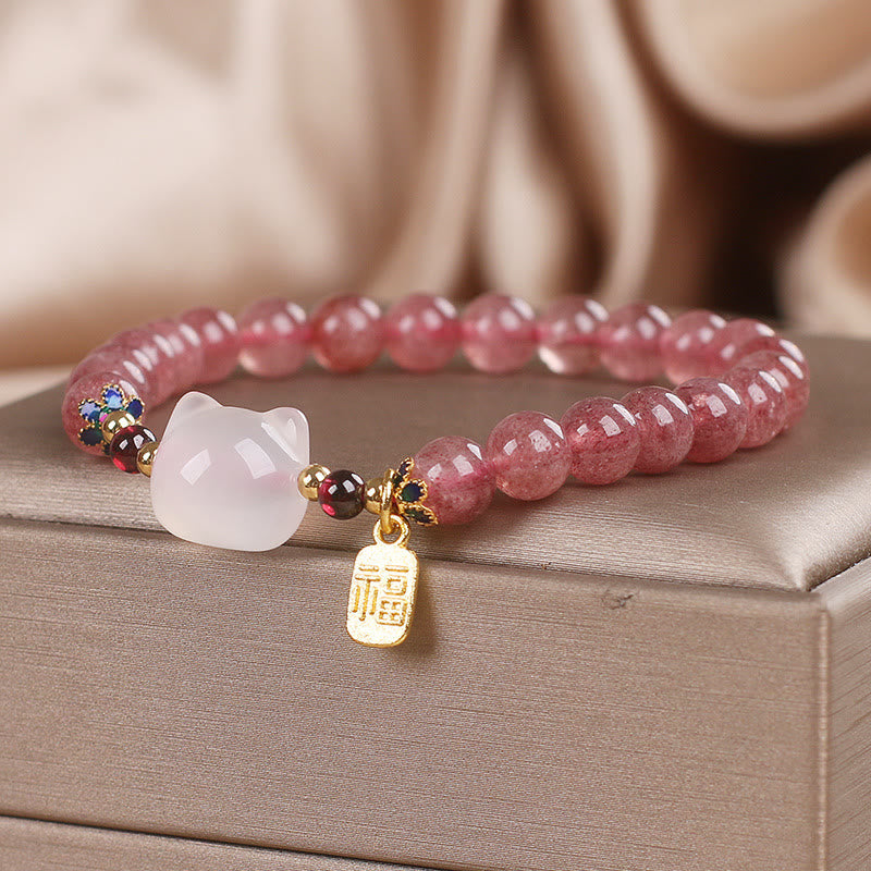 Fortune Jewel Strawberry Quartz White Jade Cat Fu Character Healing Bracelet
