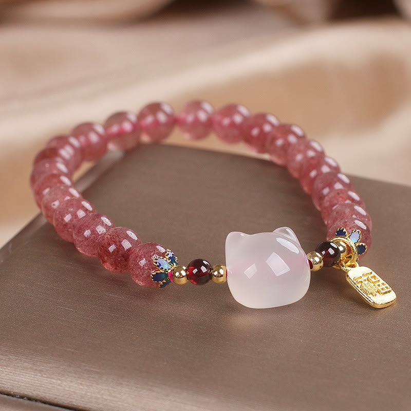 Fortune Jewel Strawberry Quartz White Jade Cat Fu Character Healing Bracelet