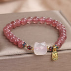 Fortune Jewel Strawberry Quartz White Jade Cat Fu Character Healing Bracelet