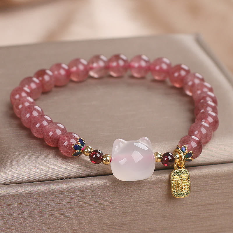 Fortune Jewel Strawberry Quartz White Jade Cat Fu Character Healing Bracelet