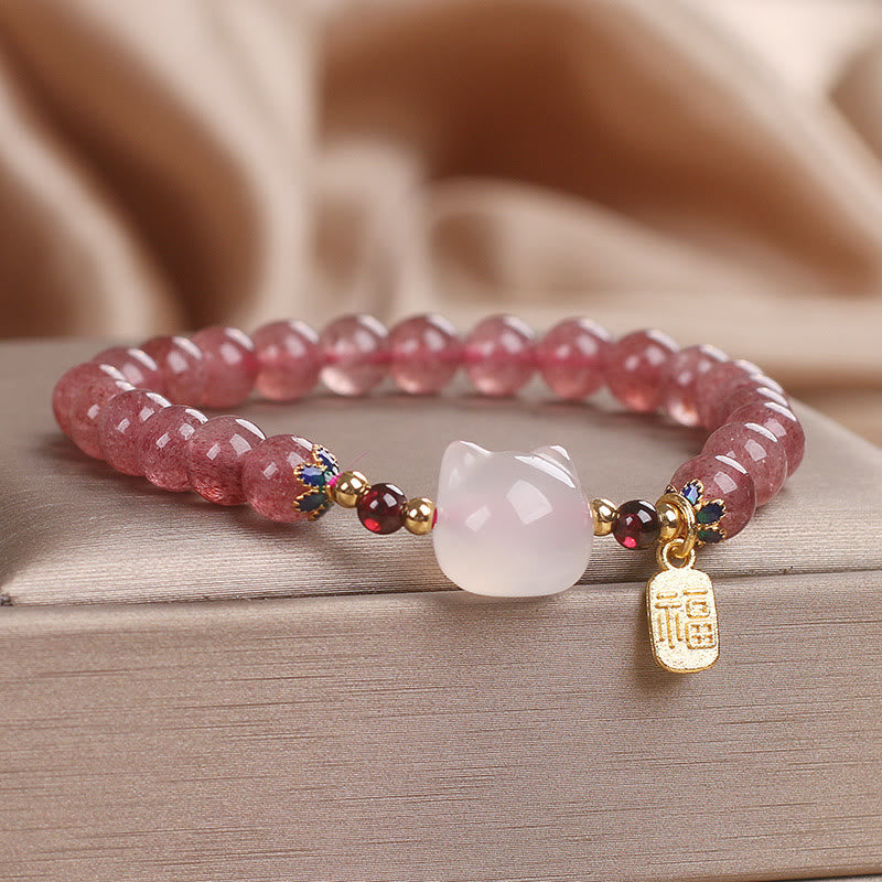 Fortune Jewel Strawberry Quartz White Jade Cat Fu Character Healing Bracelet