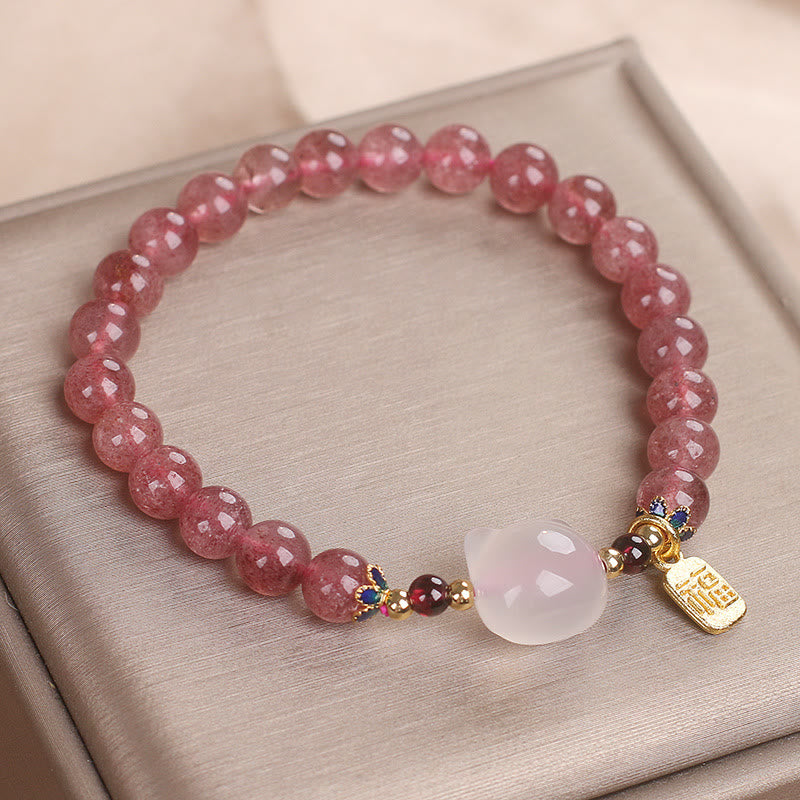 Fortune Jewel Strawberry Quartz White Jade Cat Fu Character Healing Bracelet