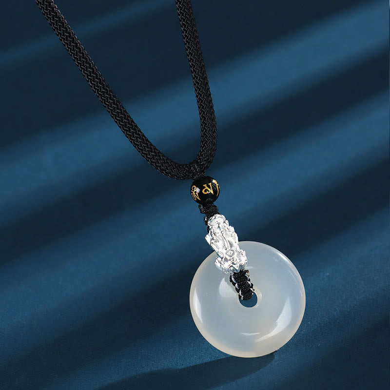 Fortune Jewel White Agate 999 Sterling Silver Black Onyx Green Sandalwood Pi Xiu Peace Buckle Six True Words Necklace Pendant