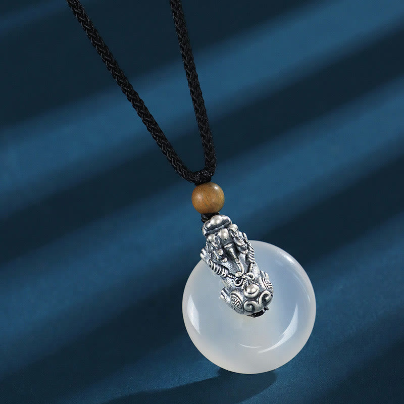 Fortune Jewel White Agate 999 Sterling Silver Black Onyx Green Sandalwood Pi Xiu Peace Buckle Six True Words Necklace Pendant