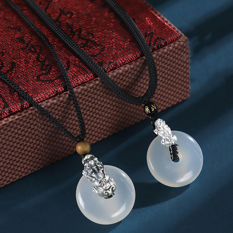 Fortune Jewel White Agate 999 Sterling Silver Black Onyx Green Sandalwood Pi Xiu Peace Buckle Six True Words Necklace Pendant