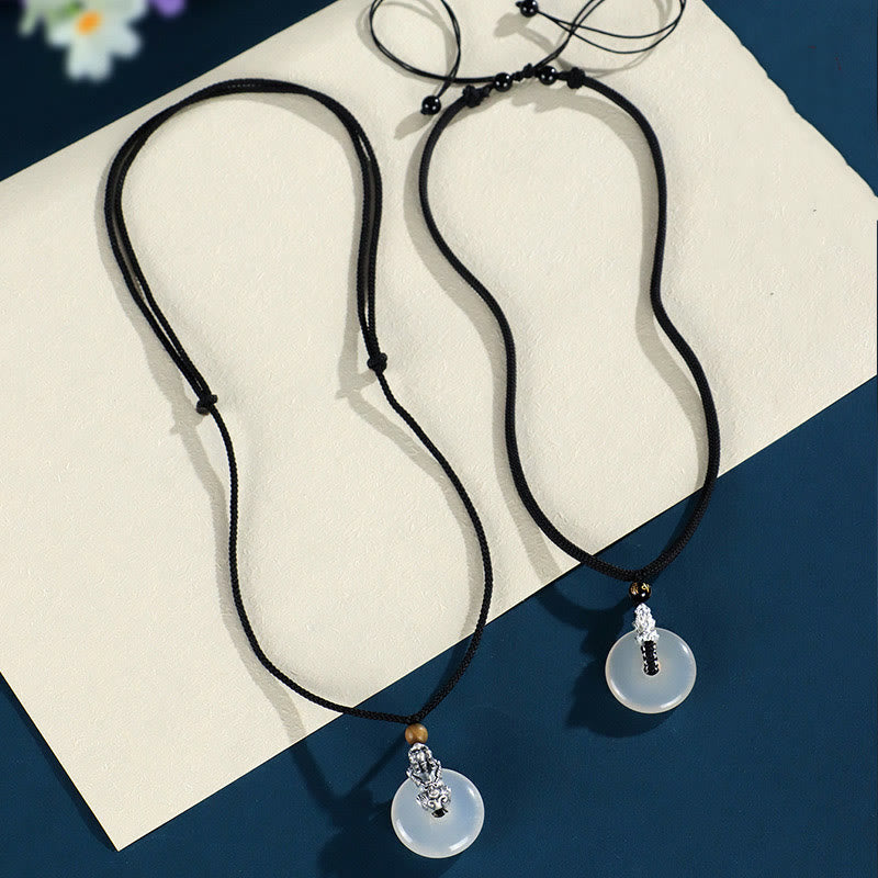Fortune Jewel White Agate 999 Sterling Silver Black Onyx Green Sandalwood Pi Xiu Peace Buckle Six True Words Necklace Pendant