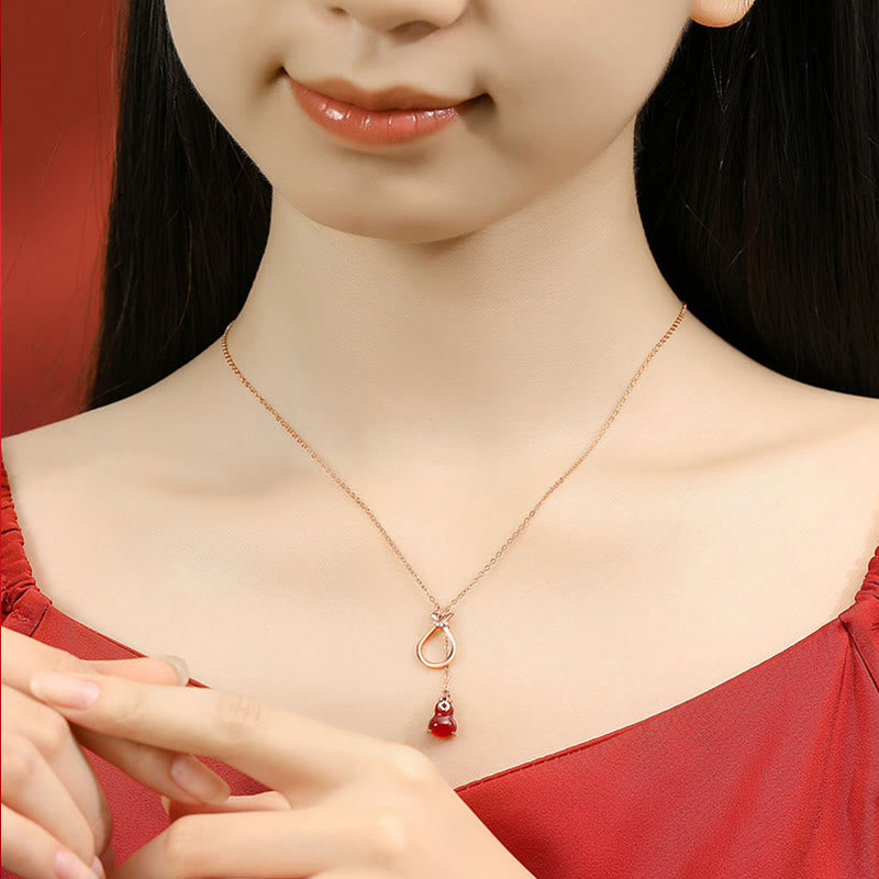 Fortune Jewel Red Agate Chalcedony 925 Sterling Silver Gourd Lucky Bag Confidence Necklace Pendant