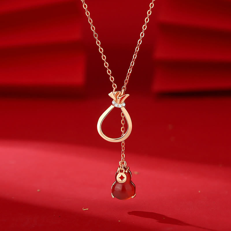 Fortune Jewel Red Agate Chalcedony 925 Sterling Silver Gourd Lucky Bag Confidence Necklace Pendant