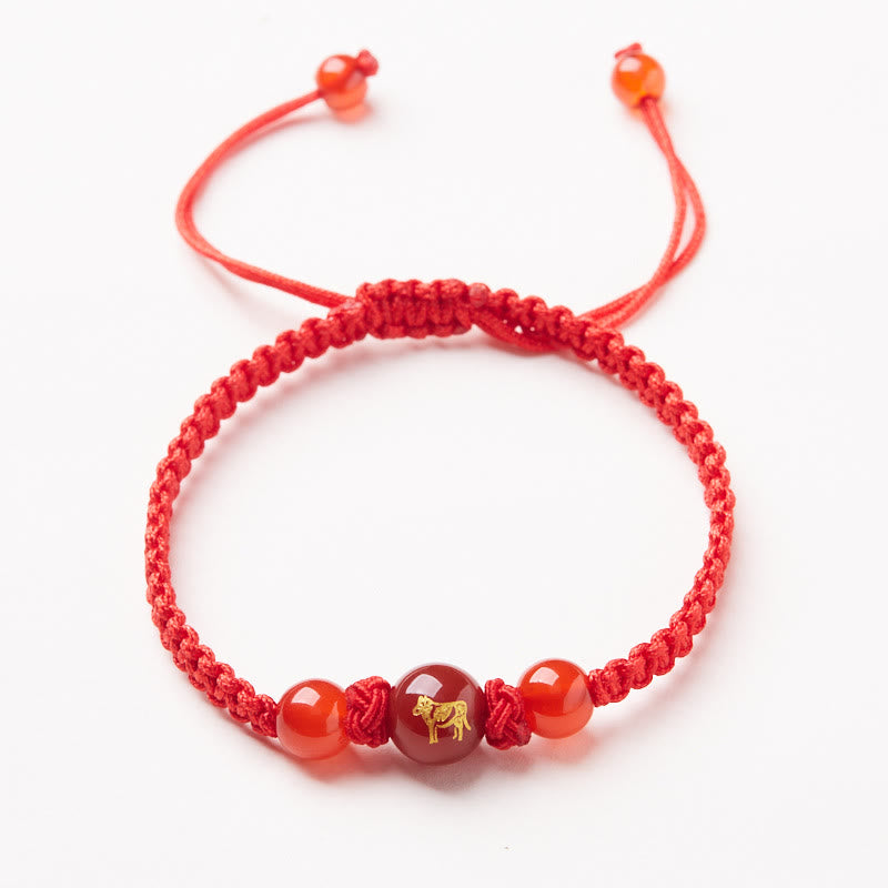 Fortune Jewel Natural Red Agate Chinese Zodiac Red String Braided Protection Luck Bracelet