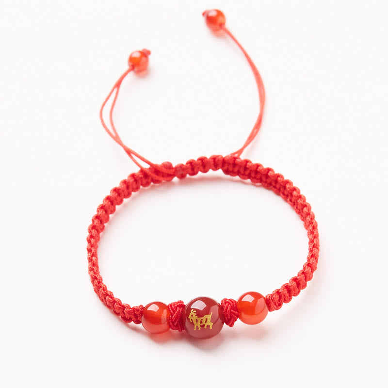 Fortune Jewel Natural Red Agate Chinese Zodiac Red String Braided Protection Luck Bracelet