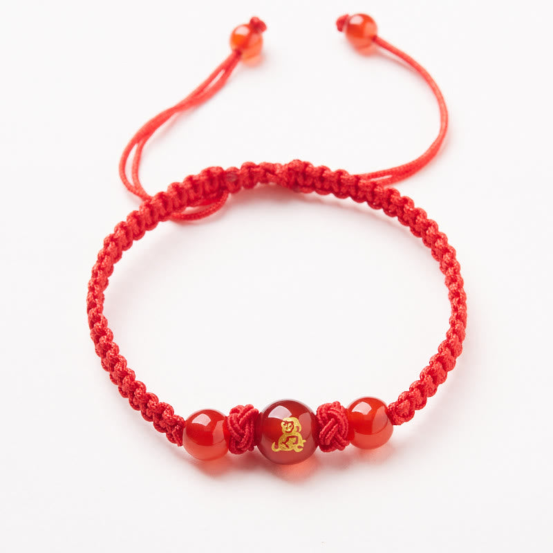 Fortune Jewel Natural Red Agate Chinese Zodiac Red String Braided Protection Luck Bracelet
