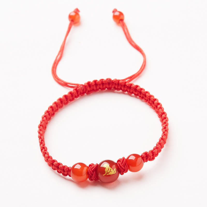 Fortune Jewel Natural Red Agate Chinese Zodiac Red String Braided Protection Luck Bracelet
