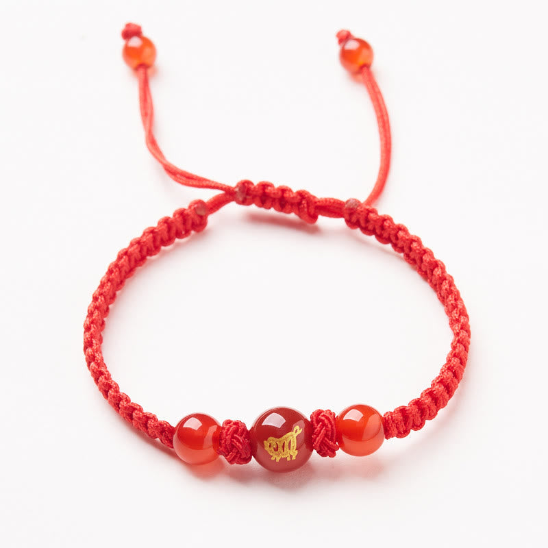 Fortune Jewel Natural Red Agate Chinese Zodiac Red String Braided Protection Luck Bracelet