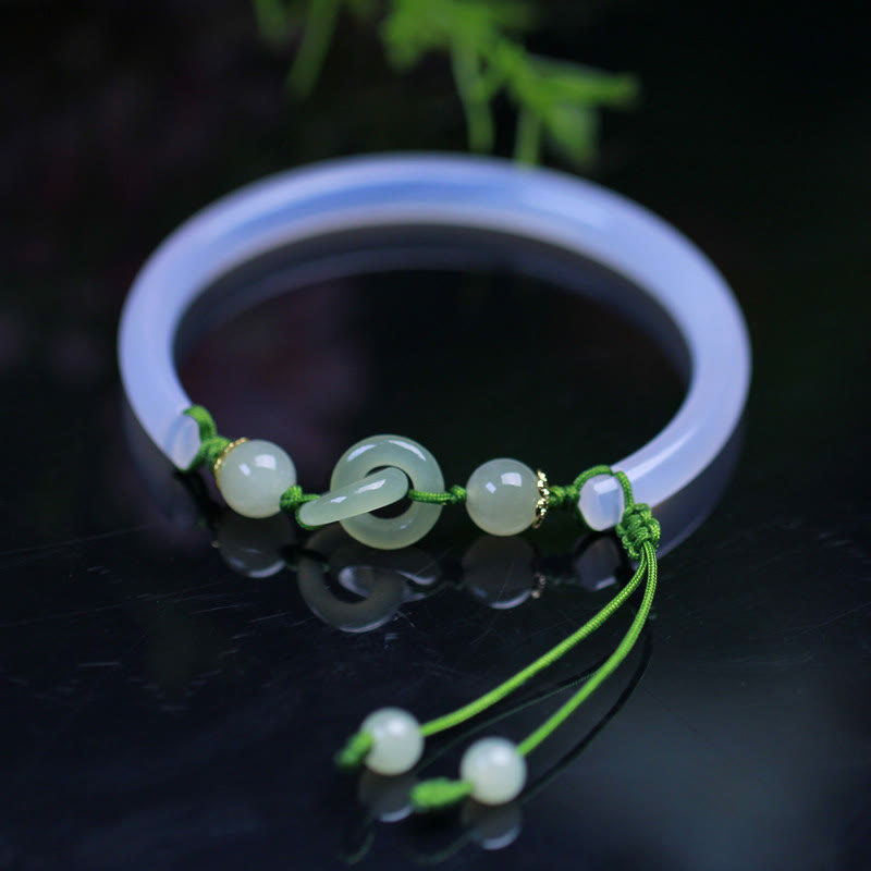 Fortune Jewel Natural White Agate Hetian Jade Beads Interlocking Positive Bracelet Bangle