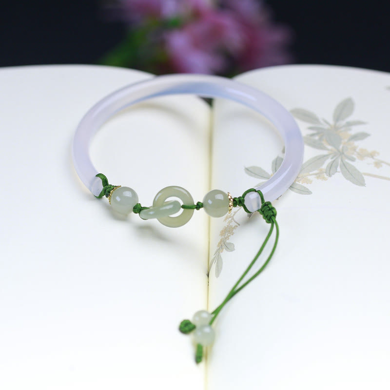 Fortune Jewel Natural White Agate Hetian Jade Beads Interlocking Positive Bracelet Bangle