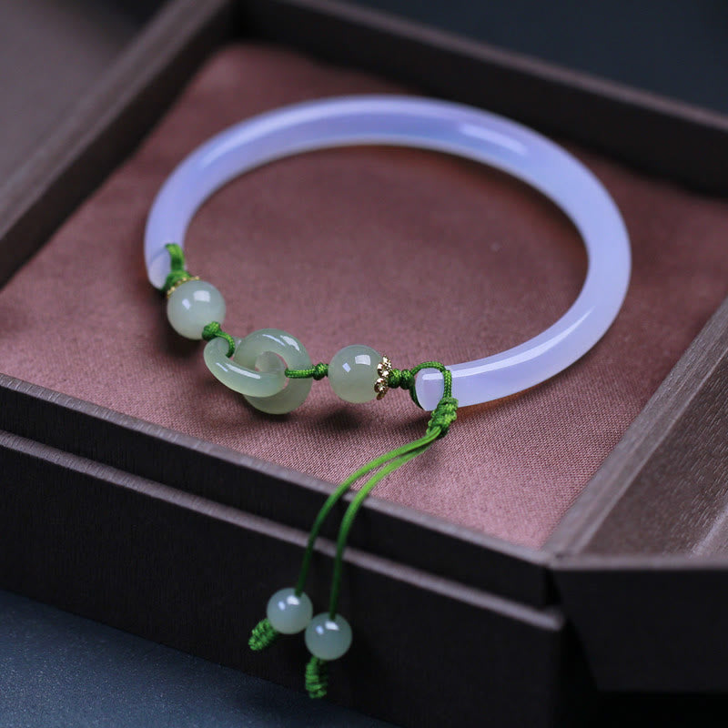 Fortune Jewel Natural White Agate Hetian Jade Beads Interlocking Positive Bracelet Bangle