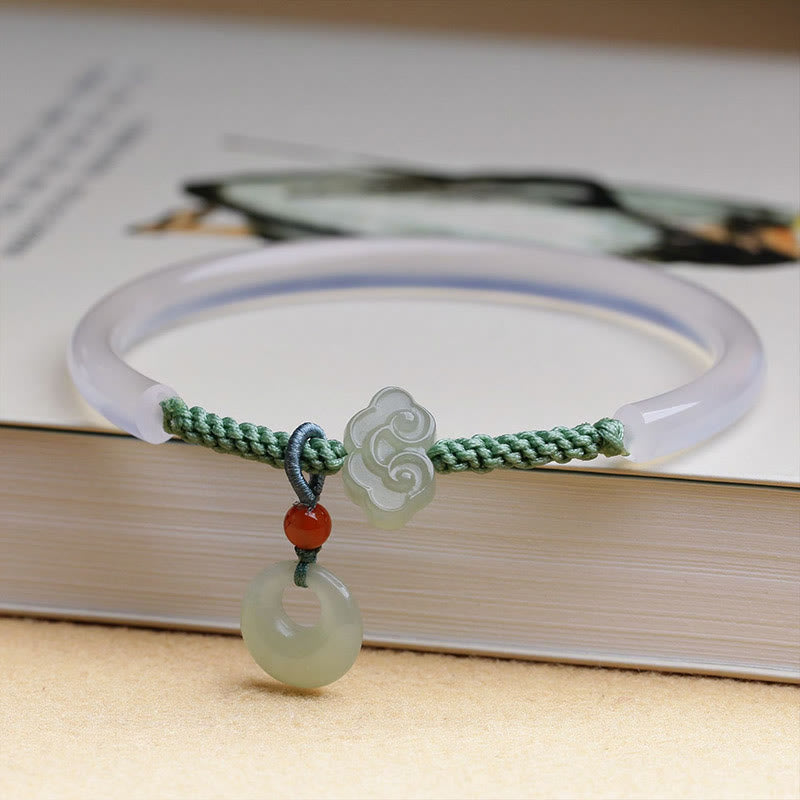 Fortune Jewel Natural White Agate Hetian Jade Peace Buckle Auspicious Clouds Positive Bracelet Bangle