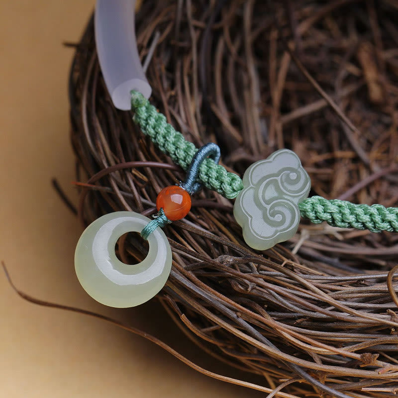 Fortune Jewel Natural White Agate Hetian Jade Peace Buckle Auspicious Clouds Positive Bracelet Bangle