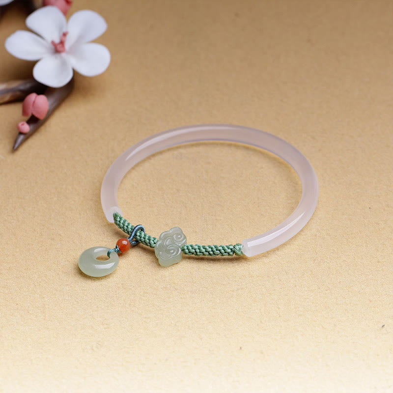 Fortune Jewel Natural White Agate Hetian Jade Peace Buckle Auspicious Clouds Positive Bracelet Bangle