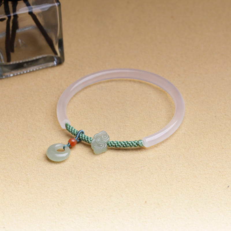 Fortune Jewel Natural White Agate Hetian Jade Peace Buckle Auspicious Clouds Positive Bracelet Bangle