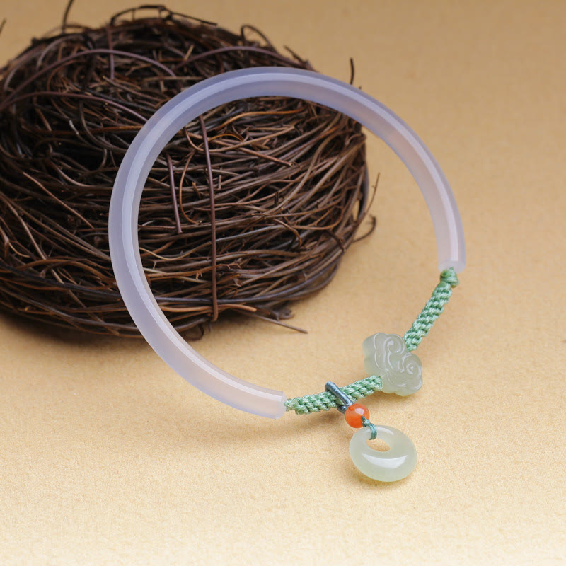 Fortune Jewel Natural White Agate Hetian Jade Peace Buckle Auspicious Clouds Positive Bracelet Bangle