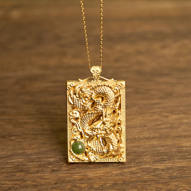 Fortune Jewel Dragon Gold Plated Copper Hetian Jade Strength Necklace Pendant