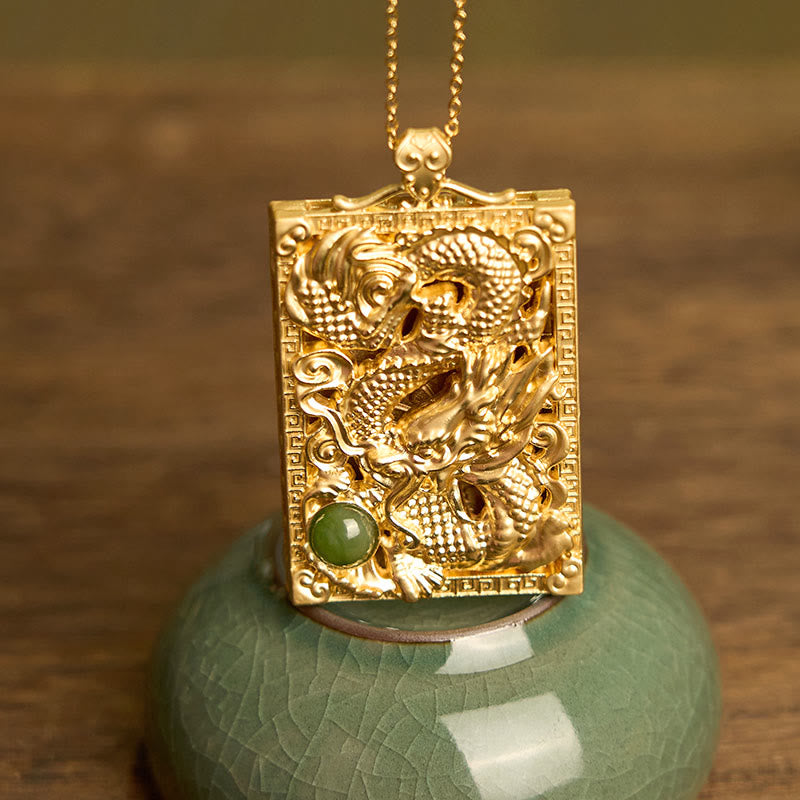 Fortune Jewel Dragon Gold Plated Copper Hetian Jade Strength Necklace Pendant
