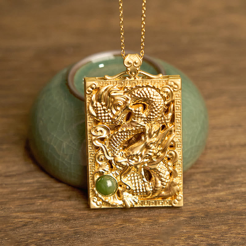 Fortune Jewel Dragon Gold Plated Copper Hetian Jade Strength Necklace Pendant