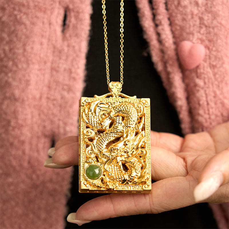 Fortune Jewel Dragon Gold Plated Copper Hetian Jade Strength Necklace Pendant
