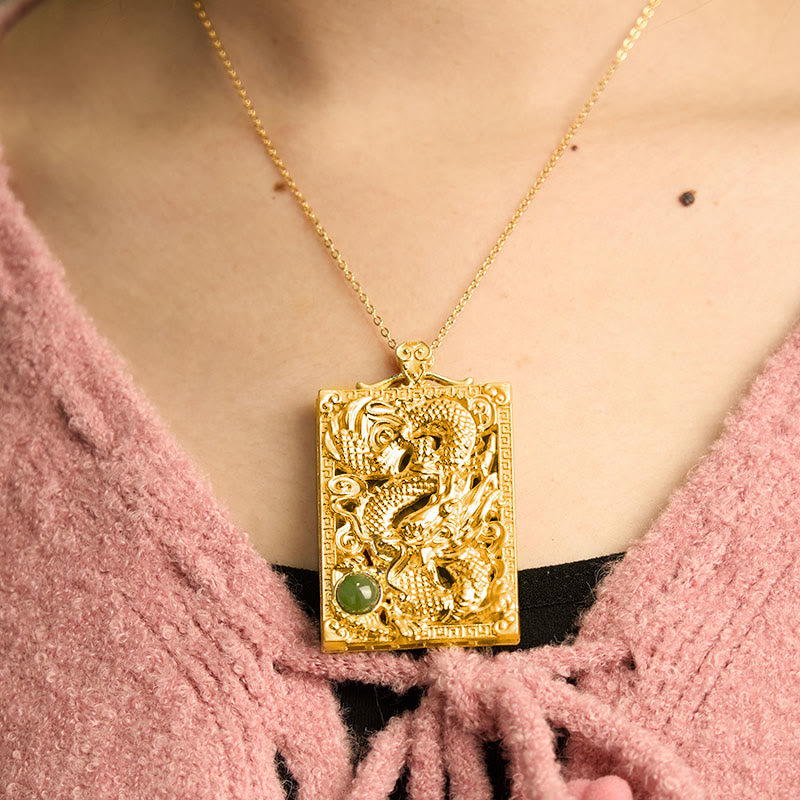 Fortune Jewel Dragon Gold Plated Copper Hetian Jade Strength Necklace Pendant