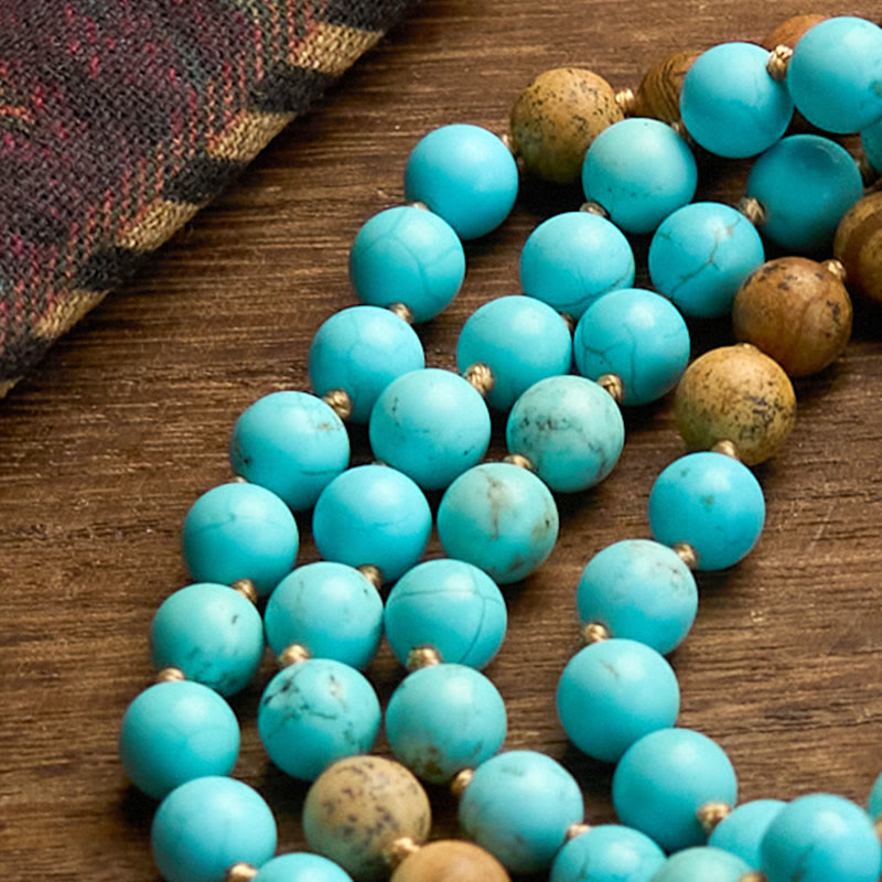 Fortune Jewel 108 Mala Beads Turquoise Picture Jasper Bead Tassel Balance Bracelet