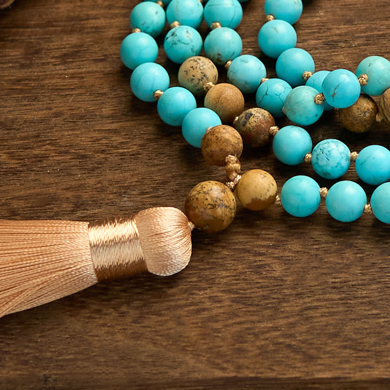 Fortune Jewel 108 Mala Beads Turquoise Picture Jasper Bead Tassel Balance Bracelet