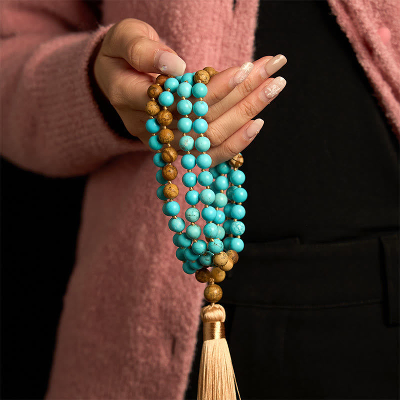 Fortune Jewel 108 Mala Beads Turquoise Picture Jasper Bead Tassel Balance Bracelet