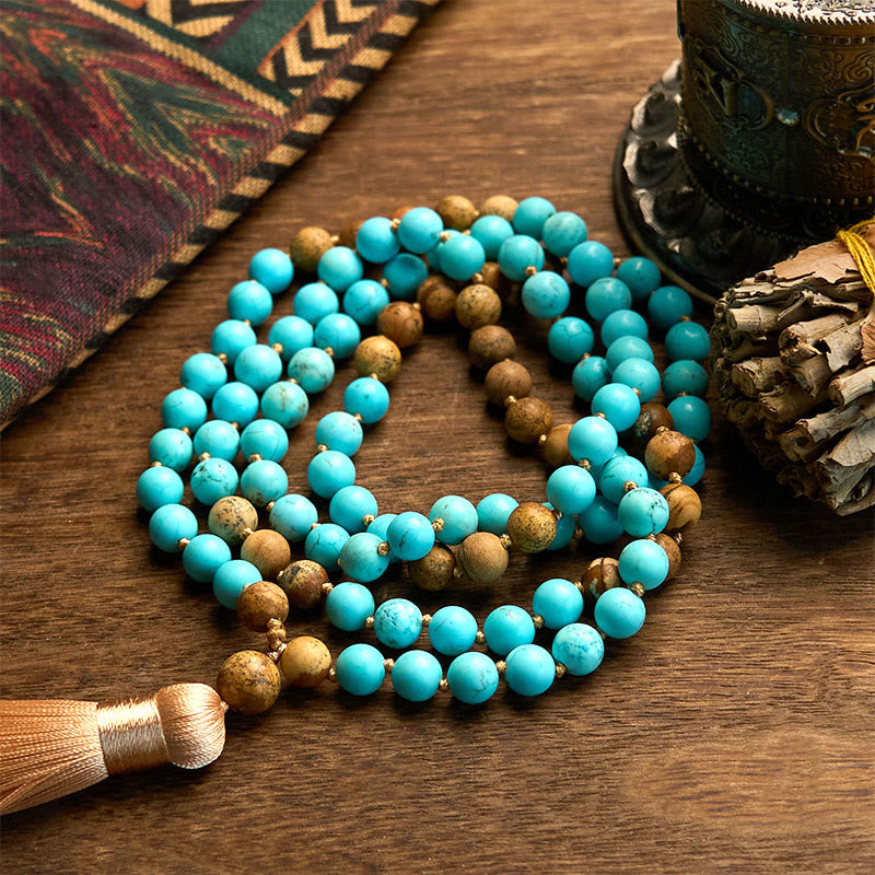 Fortune Jewel 108 Mala Beads Turquoise Picture Jasper Bead Tassel Balance Bracelet