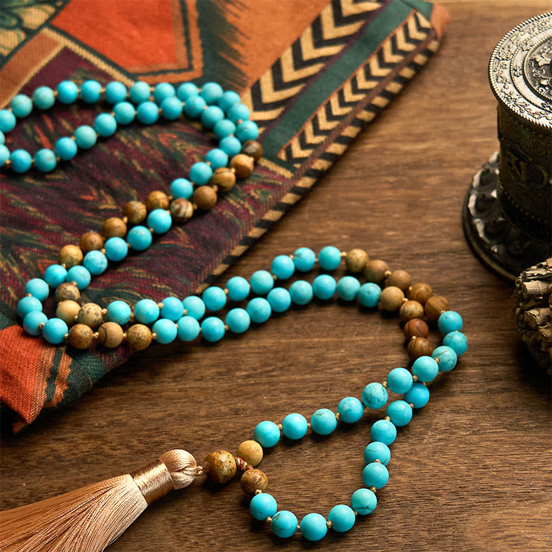 Fortune Jewel 108 Mala Beads Turquoise Picture Jasper Bead Tassel Balance Bracelet