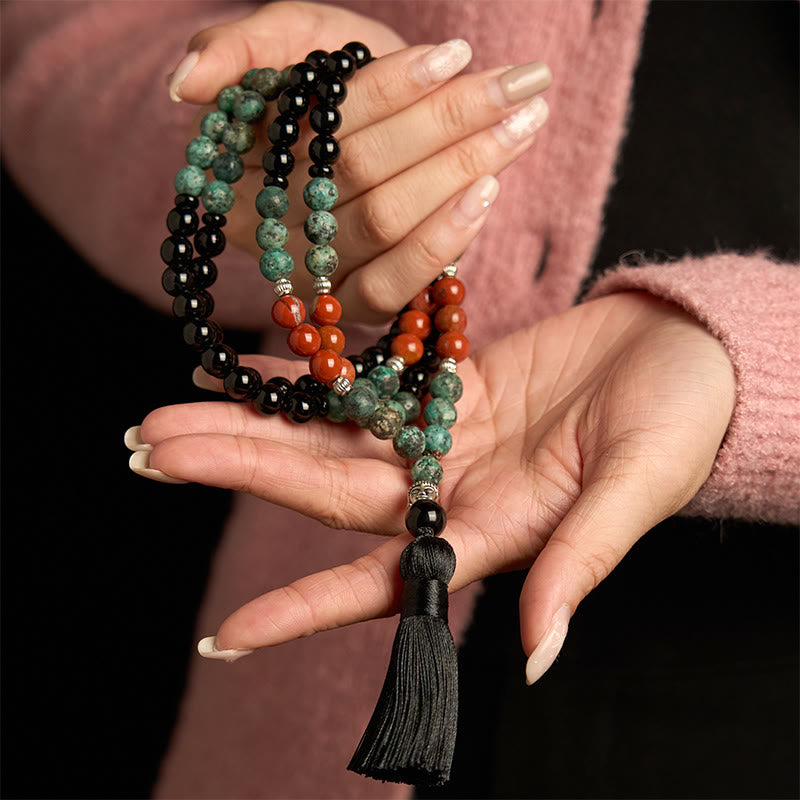 Fortune Jewel 108 Mala Natural Black Onyx Red Jasper Turquoise Beads Buddha Head Tassel Protection Bracelet