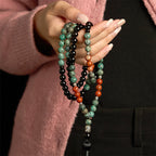 Fortune Jewel 108 Mala Natural Black Onyx Red Jasper Turquoise Beads Buddha Head Tassel Protection Bracelet