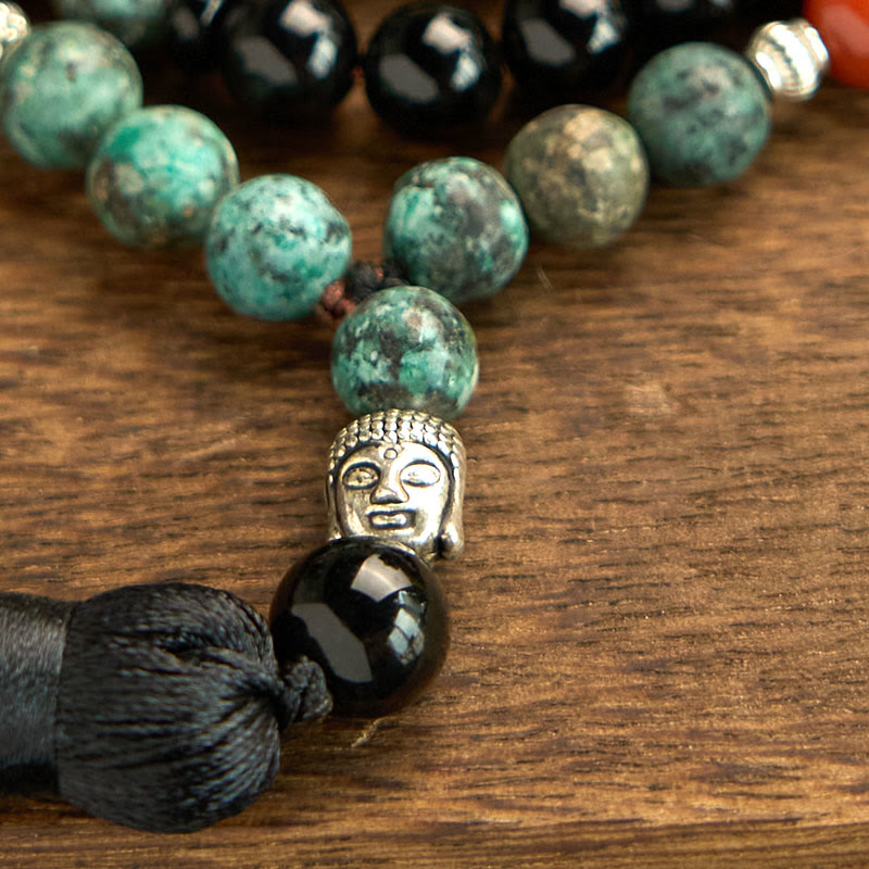 Fortune Jewel 108 Mala Natural Black Onyx Red Jasper Turquoise Beads Buddha Head Tassel Protection Bracelet