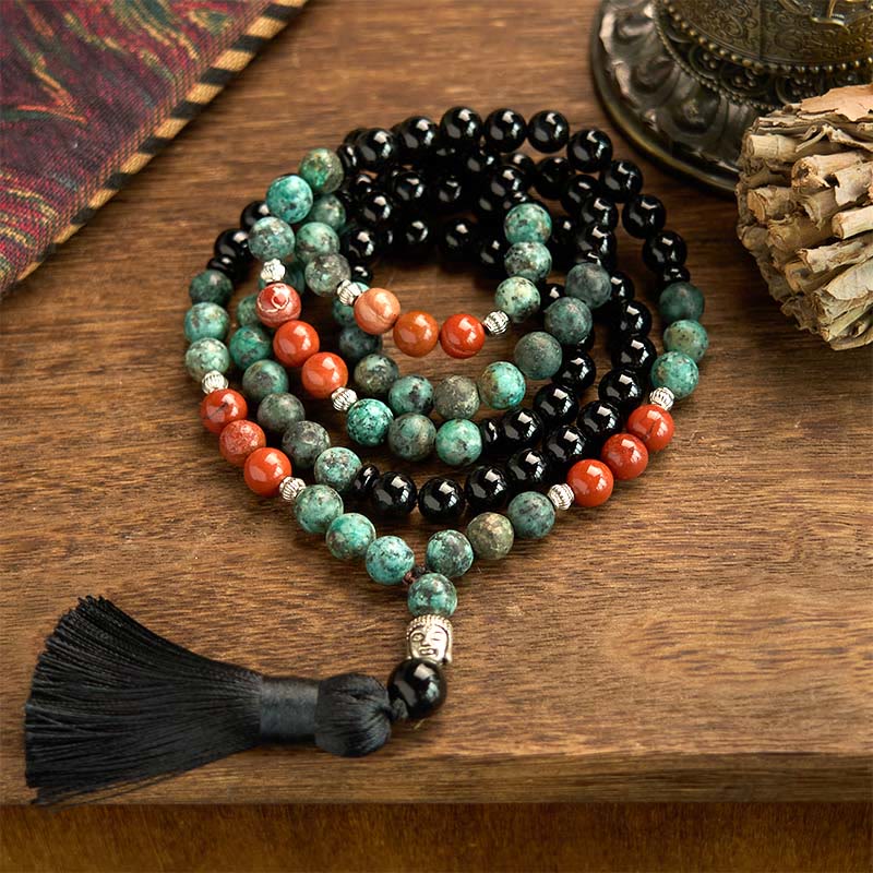 Fortune Jewel 108 Mala Natural Black Onyx Red Jasper Turquoise Beads Buddha Head Tassel Protection Bracelet