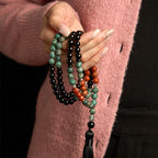 Fortune Jewel 108 Mala Natural Black Onyx Red Jasper Turquoise Beads Buddha Head Tassel Protection Bracelet
